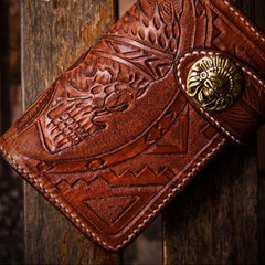 Handmade Leather Skull Indian Chief Tooled Mens billfold Wallet Cool Chain Wallet Biker Wallet for Men