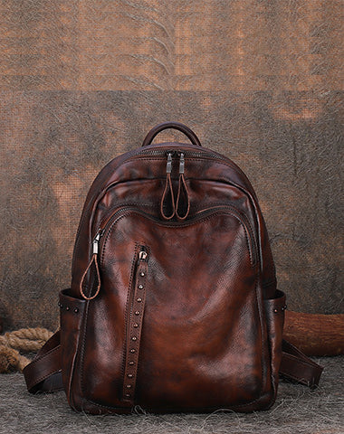 Best Green Leather Rucksack Womens Vintage School Backpack With Rivet Leather Ba FDS04781052