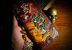 Handmade Leather Mens Tooled Buddha&Demon Chain Biker Wallet Cool Leather Wallet Long Clutch Wallets for Men