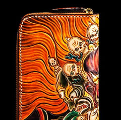 Handmade Leather Tooled Mahākāla Mens Zipper Long Wallet Cool Leather Wristlet Wallet for Men