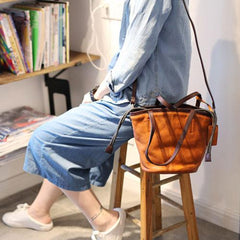 Leather Drawstring Bucket Bag Tan Bucket Shoulder Bag - Annie Jewel