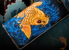 Handmade Leather Men Tooled Carp Cool Biker Leather Wallets Long Chain Wallets for Men