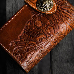 Handmade Leather Tooled Skull Indian Chief Biker Wallets Mens Cool billfold Chain Wallet Trucker Wallet with Chain