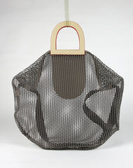 Womens Light Gray Net Polyester Leather Tote Handbag Purse Polyester Tote Shoulder Bag Purse for Ladies