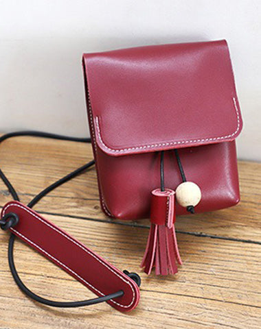 Cute Red LEATHER Small Side Bag Handmade WOMEN Phone Crossbody BAG Purse FOR WOMEN