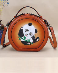 Cutest Womens Leather Round Handbag Panda Crossbody Purse Vintage Round Shoulder Bags for Women