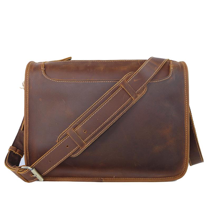 Handmade Dark Coffee Leather Mens 10 inches Courier Bag Brown Messenger Bags Dark Brown Postman Bags For Men
