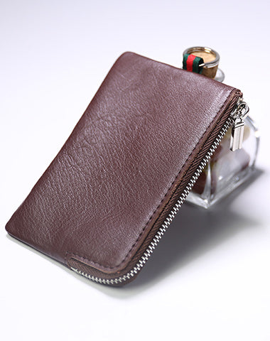 Slim Women Coffee Leather Zip Wallet with Keychains Billfold Minimalist Coin Wallet Small Zip Change Wallet For Women