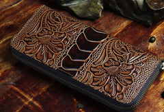 Handmade Long Leather Wallet Crocodile Style Leather Zipper Clutch Wallet For Men Women