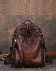 Best Black Gray Leather Rucksack Womens Vintage School Backpack With Rivet Leather Backpack Purse
