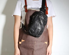 Handmade Genuine Leather Mens Cool Chest Bag Sling Bag Crossbody Bag Travel Bag Hiking Bag for men