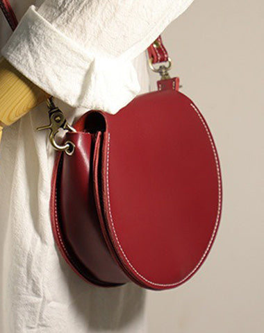 Cute Red LEATHER Around Side Bag Handmade WOMEN Circle Crossbody BAG Phone Purse FOR WOMEN