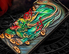 Handmade Leather Chinese Monster Mens Long Chain Biker Wallet Tooled Leather Wallet With Chain Wallets for Men