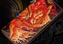 Handmade Leather Tooled Carp Mens Chain Biker Wallets Cool Leather Wallet Long Wallets for Men