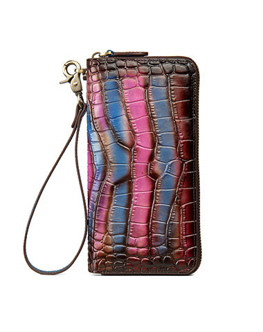Crocodile Pattern Pink&Blue Leather Wristlet Wallet Womens Zip Around Wallets CONTRAST COLOR Ladies Zipper Clutch Wallets for Women