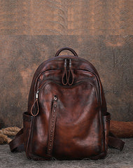 Best Brown Leather Rucksack Womens Vintage School Backpack With Rivet Leather Backpack Purse