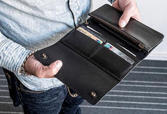 Cool Handmade leather biker chain wallets leather chain men Black long wallet - EverHandmade