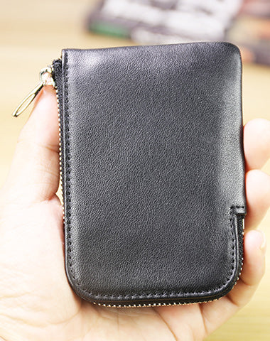 Women Leather Mini Zip Wallet Black Billfold Slim Coin Wallets Small Zip Change Wallet For Women