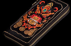 Handmade Leather Mens Tooled Monster Chain Biker Wallet Cool Leather Wallet Long Clutch Wallets for Men