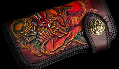 Handmade Leather Chinese Lion Mens Tooled Chain Biker Wallet Cool Long Leather Wallets With Chain Wallets for Men