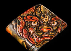 Handmade Leather Chinese Lion Tooled Mens Small Wallet Cool Leather Wallet billfold Wallet for Men