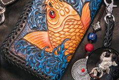 Handmade Leather Long Black Biker Wallet Leather Chain Wallet Men Red Carp Tooled Wallets - EverHandmade