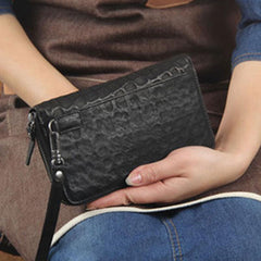 Handmade Genuine Leather Mens Cool Long Leather Wallet Zipper Clutch Wristlet Wallet for Men