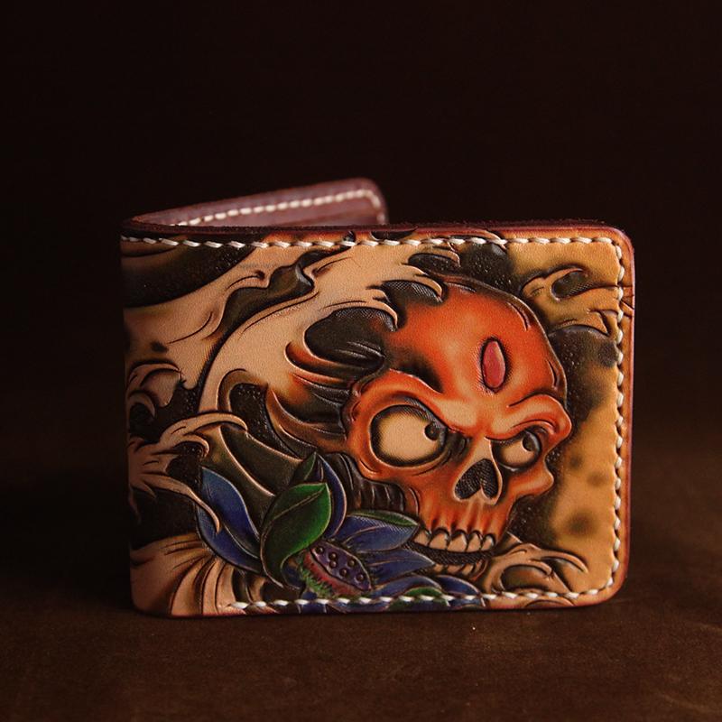 Handmade Tooled Leather Mens Skull billfold Wallets - Chain Detail