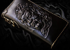 Handmade Leather Acalanatha Mens Tooled Chain Biker Wallet Cool Leather Wallet Long Clutch Wallets for Men