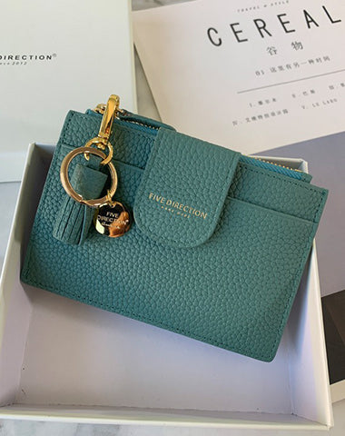 Cute Women Green Leather Slim Keychain with Card Wallet Card Holder Wallet Change Wallet For Women