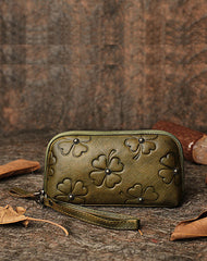 Handmade Dark Green Womens Clover Leather Long Wallet Zipper Clutch Wristlet Wallet for Women