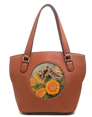 Handmade Womens Brown Leather Tote Handbag Purse Birds Tote Bag for Women