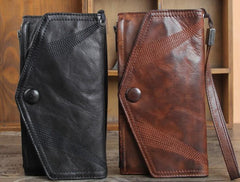 Genuine Leather Mens Cool Biker Chain Wallet Long Leather Wallet Slim Clutch Wristlet Wallet for Men