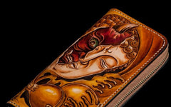 Handmade Mens Long Leather Wallet Cool Buddha&Demon Tooled Wallet Long Zipper Wallets for Men