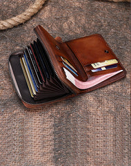 Vintage Women Brown Leather Small Wallet with Zip Around Card Holders Bifold Small Wallet Billfold For Women