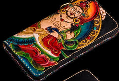 Handmade Leather Tooled Yellow Jambhala Mens Chain Biker Wallets Cool Leather Wallet Zipper Long Wallets for Men