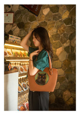 Handmade Womens Brown Leather Tote Handbag Purse Ginger Cat Tote Bag for Women