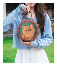 Handmade Womens Brown Leather Round Handbag Purse Cat Round Crossbody Bag for Women