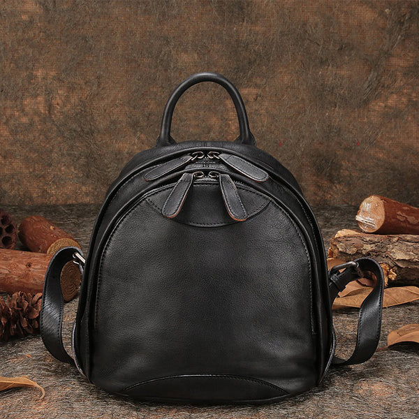 Classic Brown Leather Small Rucksack Womens Compact - Leather Texture Detail