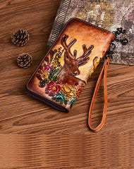 Vintage Flowers Brown Leather Wristlet Wallet Womens Zip Around Wallets Flowers Ladies Zipper Clutch Wallet for Women