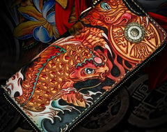 Handmade Leather Tooled Carp Mens Chain Biker Wallet Cool Leather Wallet Long Phone Wallets for Men