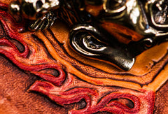 Handmade leather God Mahakala billfold biker wallet clutch zip wallet brown tooled - EverHandmade