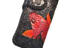 Handmade Leather Long Black Biker Wallet Trucker Wallet Leather Chain Men Red Carp Tooled Wallet - EverHandmade