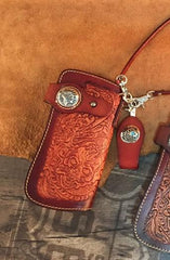 Handmade Leather Tooled Skull Mens Chain Biker Wallet Cool Leather Wallet Long Wallet for Men