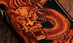 Handmade Leather Tooled Chinese Dragon Mens Chain Biker Wallet Cool Leather Wallet Zipper Long Phone Wallets for Men
