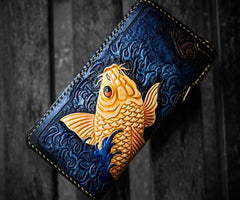 Handmade Leather Men Tooled Carp Cool Leather Biker Wallets Long Wallets for Men