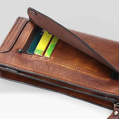 Handmade Leather Mens Cool Long Leather Wallet Bifold Clutch Wallet for Men