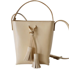 Handmade Leather Beige Womens Handbag Bucket Purse Barrel Shoulder Bags for Women
