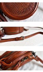 Womens Brown Leather Round Crossbody Bag Crocodile Pattern Vintage Round Handbag Shoulder Bag for Women