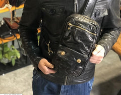 Genuine Leather Mens Cool Chest Bag Sling Bag Coffee Crossbody Pack Sling Pack for men